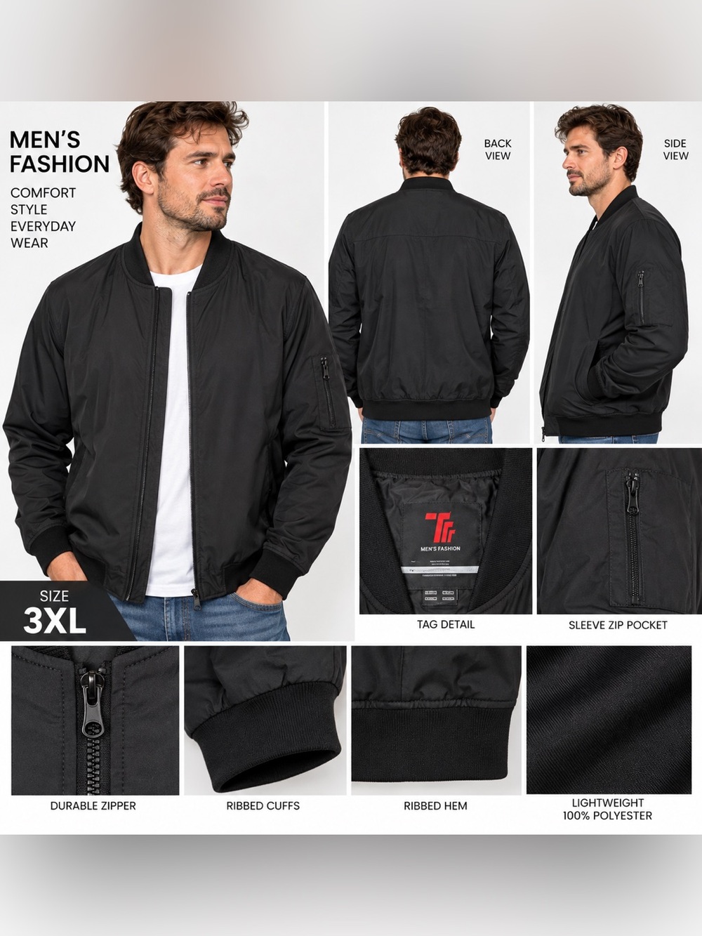 Men's Black Bomber Jacket with Ribbed Trim by